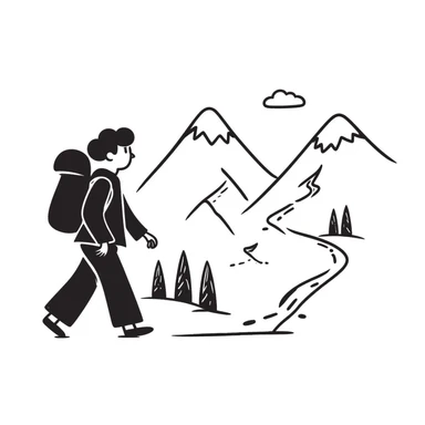 person hiking down one mountain and then climbing up another mountain, showing mountain valley between sticker