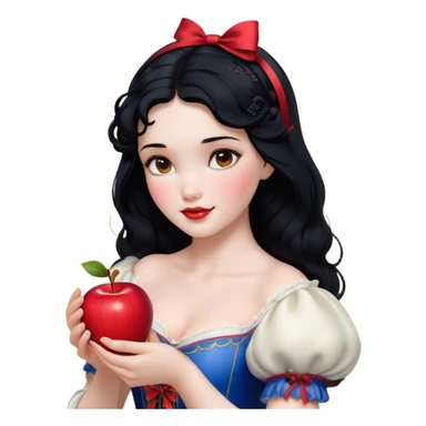 Cinematic Realistic Snow White Portrait, depicted with lifelike skin texture, soft natural lighting, and intricately detailed black hair styled with a red ribbon. Her soft brown eyes radiate innocence and kindness, complemented by a warm, gentle smile. She holds an apple in one hand, her other hand resting against her cheek, embodying her purity and charm. She is dressed in her classic yellow, blue, and red gown, the fabric rich in texture with delicate folds that catch the light beautifully. The portrait features a soft, natural glow with a radiant finish, capturing the essence of timeless beauty in a realistic and painterly style. sticker