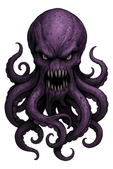 Remove the nose, make the octopus look scary, keep the purple color, with no background. Maintain the original style and details of the octopus while making it look scary and purple. sticker