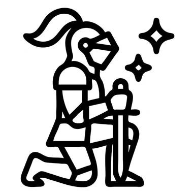 a knight kneeling with sparkles, outlined icon style sticker