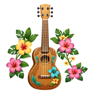 Ukulele with Polynesian carvings with flowers behind it sticker