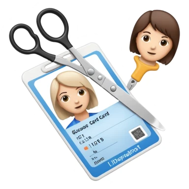 Scissors cutting ID card in 2 parts. Realistic sticker
