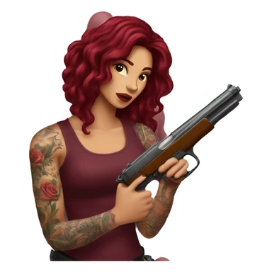 Beautiful tattooed burgundy long haired woman shooting a gun sticker