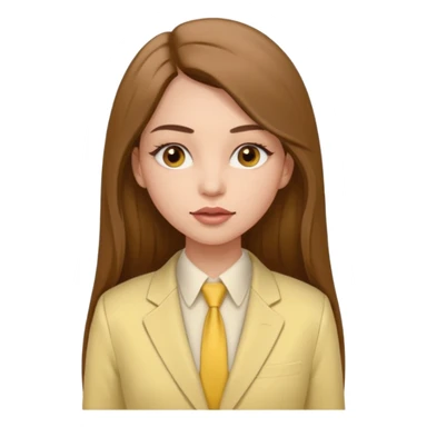 a young woman in a pale yellow pantsuit.   She has brown eyes and very long brown hair. The hair parting is straight in the middle and the skin color is light. Lips are inflated. And thickened eyelashes, Waist-length sticker