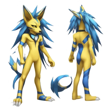 Yellow Anthro Edgy Cool Sonic-Zeraora-Anubis-Renamon-Jolteon-Pokémon-Fakémon with shiny blue stripes Full Body Detailed High Quality  sticker