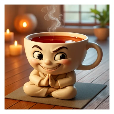 Focus on the face of the teacup character and give it a playful, mischievous grin with one eyebrow raised and eyes open wide, keeping the same style and quality as the reference image. sticker