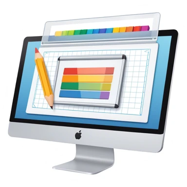 Professional emoji for Graphic Design: a computer screen displaying a design layout, vector shapes, a color palette, and design tools like a pencil and ruler. The icon should represent creativity and precision in graphic design. Transparent background. sticker