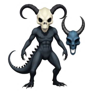 Shiny Dark Edgy  Duskull-Salandit-Inteleon-Fakémon-hybrid-creature (full body) with a horned animal-skull-mask sticker