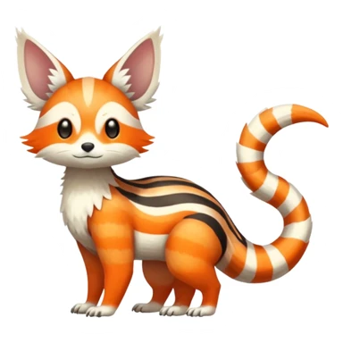 lush warm-colored Fakémon-Trico-creature (full body) with white cheek markings, white-striped tail sticker