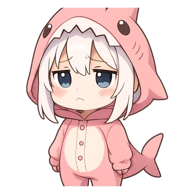 chibi style anime girl with white hair in a pink shark onesie, pouting with a sad expression sticker