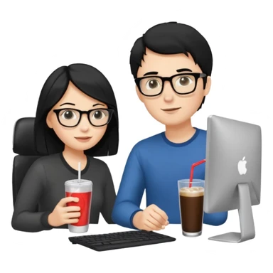 Hombre blanco con gafas, pelo negro tomando un refresco frente a un ordenador con ropa de sport,  y se ve en la pantalla del ordenador una mujer rubia tomando café sticker