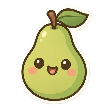 chibi sticker-style pear with a smiling face, cute and exaggerated sticker