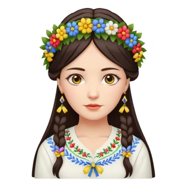 Ukrainian woman in a white embroidered shirt with dark hair in a wreath of flowers with multicoloured ribbons on her head sticker