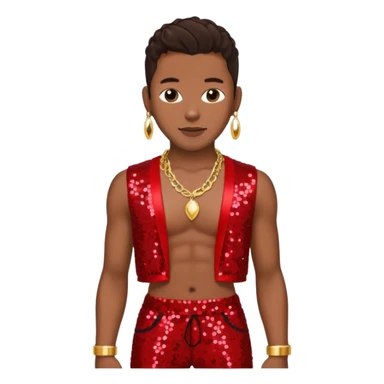 Bobby Brown with dark brown hair, red sequin bolero crop top, red sequin harem pants, shirtless with necklace sticker