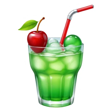 Create an emoji with a very clear rounded glass and ice, bright transparent green soda , a smooth vanilla scoop circle shape, a glossy red cherry, using vibrant colors, soft shading, and clear glass highlights.
 sticker