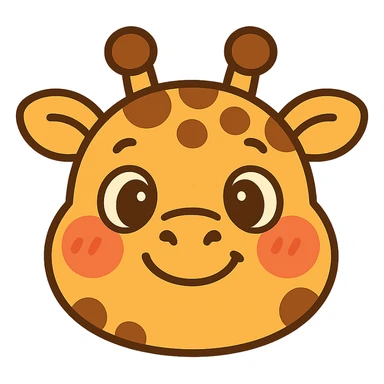 cute, stylized cartoon giraffe head with big, expressive eyes, a friendly smile, and exaggerated blush marks. The design should be simple, round, and optimized for small sizes (Twitch emoji). Use warm yellow and brown colors, with a soft outline. The expression should be happy and welcoming, perfect for a 'hi' or 'yay' emote. Cartoonish, kawaii-inspired style sticker