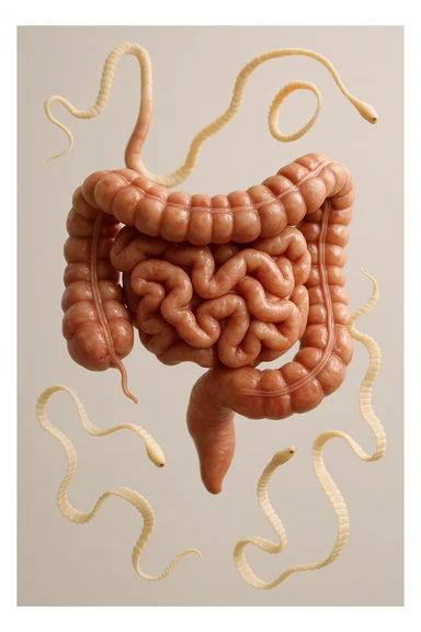INTESTINO UMANO ANATOMICO REALISTICO FLUTTUA IN ARIA INSIEME A PARASSITI COME LA TENIA, SFONDO CHIARO, iperrealistico 4k sticker