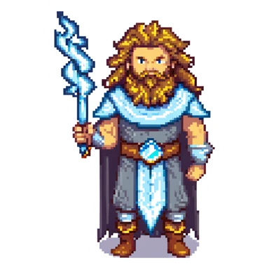 Zeus, the Greek god, with his beard, long curly hair, and regal attire, holding a lightning bolt sticker