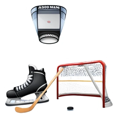 An icon showing a close-up of a hockey stick, puck, skates, and hockey net placed on the ice. The background features a packed stadium with bright lights, cheering fans, and snowy scenery outside. Transparent background highlights the key elements of the game. sticker