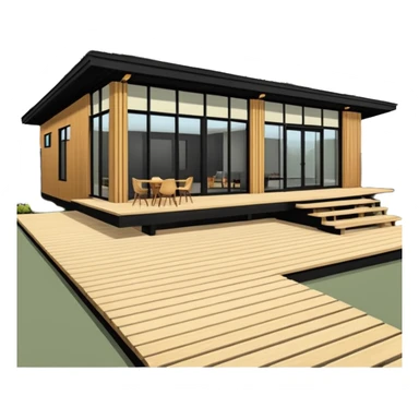 midcentury modern house with 1000 sqft and all windows and a sliding windows on corner. Single story. High ceilings, black and vertical wood slats for outside walls of home. Wood deck with complementary but different wood and shade from larger wood slats. With overhanging shade and slats. sticker