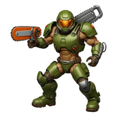 Doom Slayer jumping with a chainsaw, dynamic pose, intense eyes sticker