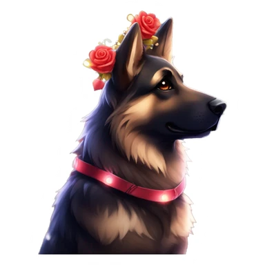 Bokeh Midnight constellation night stars Brindled striped brindle black German shepherd fox carrying glowing red lantern, fairy lights, rose flower crown, bokeh lights, out of focus blur sticker