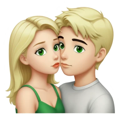 A blonde girl with green eyes kisses a boy with fair skin and black hair with a hairstyle that stands up and green eyes sticker