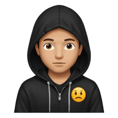 young man in a hood, black hoodie, on it is a logo of two WW sticker