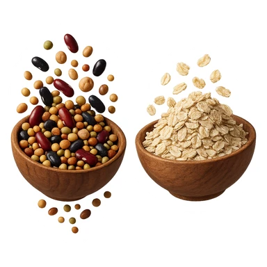 BOWL DI LEGUMI FLUTTUA IN ARIA INSIEME A BOWL DI FIOCCHI DI AVENA,  iperrealistico 4k sticker