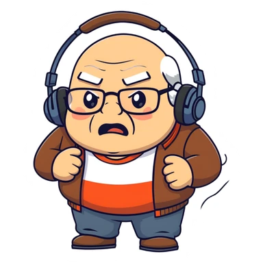 Very chubby brown old man with medium white hair, wearing glasses and headphones, looking surprised and angry, no facial hair, round full cheeks, double chin, looking to the upper left corner sticker