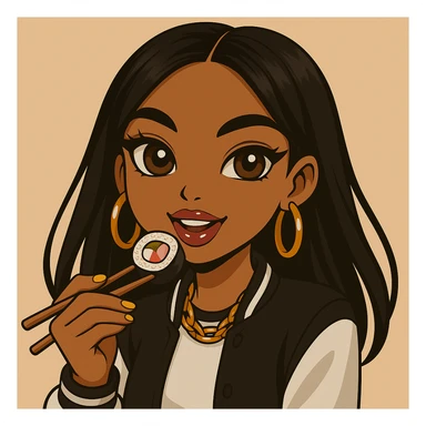 Change the pose to a 20-year-old anime Bratz style woman with dark skin, straight hair, trendy outfit, big expressive eyes, glossy lips, no hat, no tears, happy expression, both eyes open, looking straight ahead, eating a California roll with chopsticks, headshot only. sticker