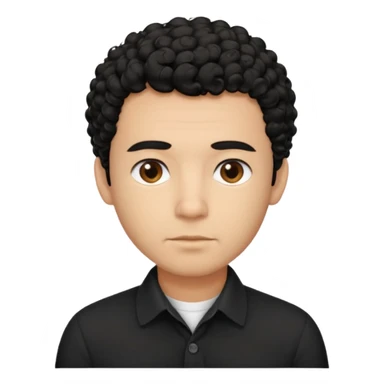 Create a generic male emoji with medium skin tone, short curly black hair, and a calm, neutral facial expression. The emoji should wear a plain black collared shirt and be facing forward. Keep the style clean and simple, suitable for general use sticker