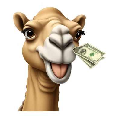 Cartoon Camel holding a money bag in the mouth, picture from front sticker