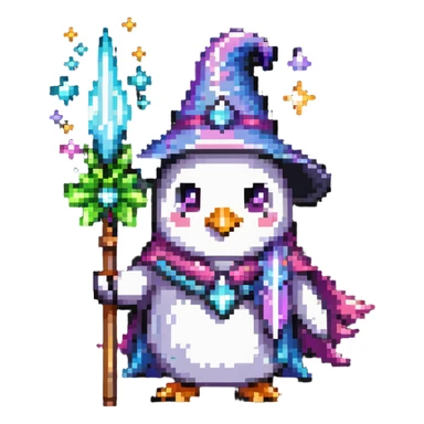 penguin wizard with magical sparkles, a unicorn, fairy, and tiny goblin companion sticker