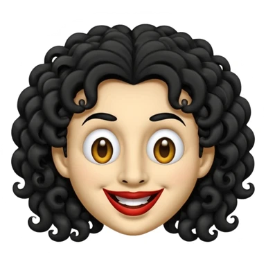 generate mask emoji with a big curly black hair 

black coloured  smiling lips and no teeth, long and pointy white nose with no nostrils, pitch black eyes with no pupils, no brows sticker