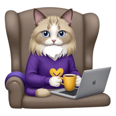 a cute blue eyed brown and white ragdoll cat with white paws and brown and beige tail wearing the dark violet sweater with yellow letteting "Milena" sitting on a grey sofa with grey laptop branded lettering "Lenovo", it` not brand Apple - only Lenovo and drinking coffee sticker