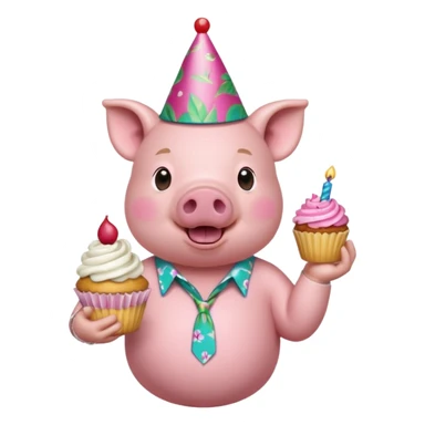 Pig with aloha shirt, birthday hat, holding a cupcake sticker