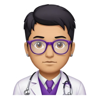 Male doctor tan skin glasses black hair, piercings and tattoos, violet uniform and white bata sticker