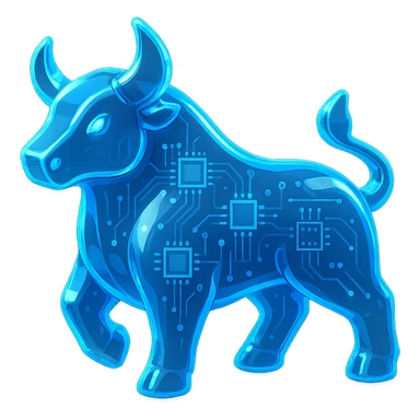 modern tech-inspired bull logo, glowing blue, digital circuit style sticker