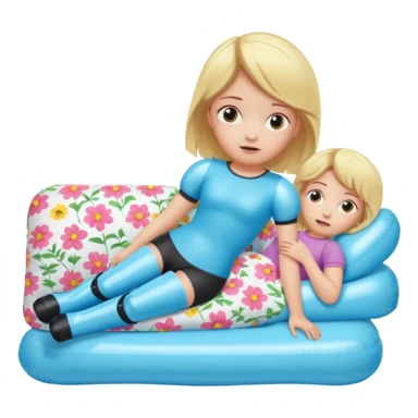 chica rubia con cara de miedo con unas botas de presoterapia inflables tirada en una cama sticker