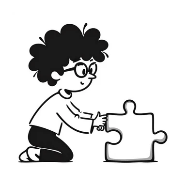 hand-drawn genius boy with wild hair, glasses, and a puzzle piece symbol sticker