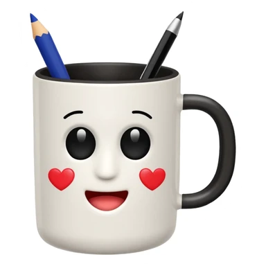 black pen holder cup with one pen sticking out, emoji style sticker