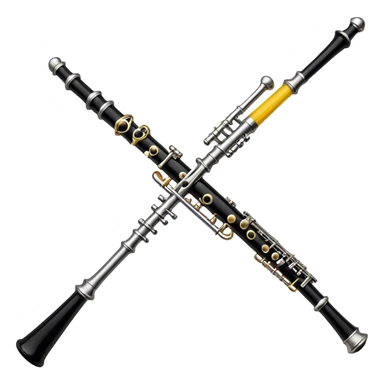Create an elegant and detailed emoji depicting a black oboe with a cane. The design should showcase the smooth finish of the dark wood oboe with the metal keys clearly visible. A yellow thin bamboo cane should be carefully placed at the top of the instrument, emphasizing its important role in creating sound. Add subtle details such as silver or brass inserts on the keys to emphasize the high quality of the instrument. Use deep black, silver, and wood tones for the oboe to emphasize its refined appearance. The background should be transparent. sticker