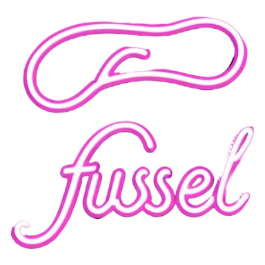 glowing pink neon sign that says “Fussel" in cursive  sticker