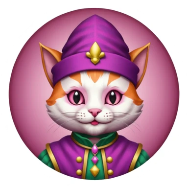 court jester cat medieval, single poker card joker clearly visible, pink, face only, round badge, court jester cap sticker