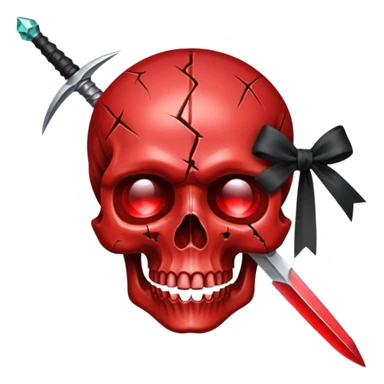 make me a red crystal skull partly see thew super gem like make it realistic and held together by a black bow and a small dager to the eye with cracks coming from it have the bow be loosly tied around the skull holding it together make the blade super realistic  sticker