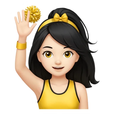 A long black hair teen girl waving pom-poms, eyes sparkling with excitement, yellow cheer leader top sticker