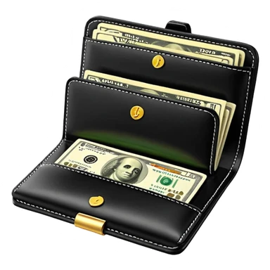 Rich emoji style black leather wallet with dollar bills, luxury money vibe, premium 3D emoji, ultra clean, high detail, no background
 sticker