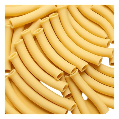 loose scatter of uncooked elbow-shaped pasta tubes in pale golden yellow, smooth matte texture, slightly curved forms, cleanly cut edges, surfaces subtly ribbed or plain, no plate, sauce, or packaging, soft lighting, subtle shadows, emoji scale sticker