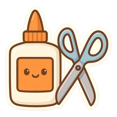 bottle of glue with orange label and tip and a pair of blue scissors, flat toon vector illustration sticker